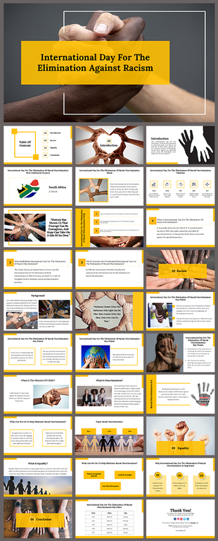 PowerPoint slides highlighting the International Day for the Elimination of Racism with visuals of diverse hands in unity.