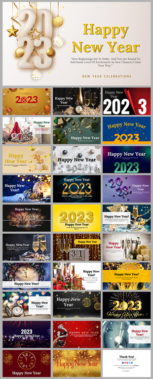 Happy New Year background slides showcasing clocks, champagne, fireworks, and elegant 2023 typography.