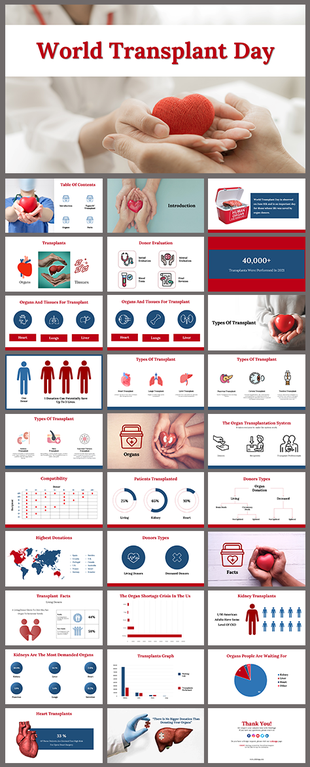 Slide deck featuring visuals on organ donation, transplant types, donor evaluations, and statistics, with red and blue theme.