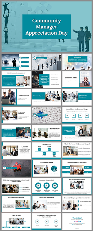 Slide deck discussing community management, roles, strategies, and appreciation with vibrant teal and white layouts.