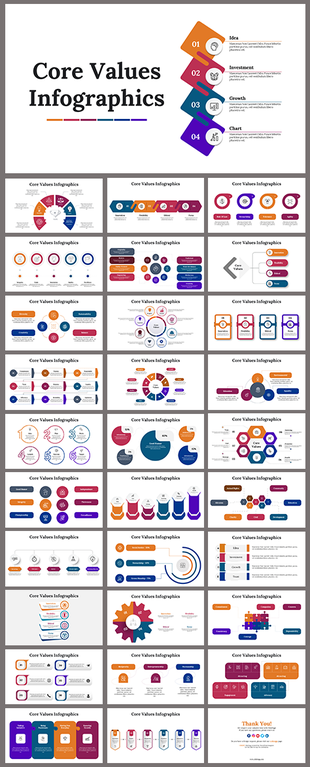 A pack of core values infographic slides with four colorful sections with icons and placeholder text.