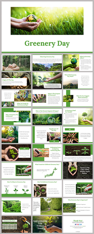 Greenery day slides with sections on its history, celebration methods, importance for health, and global observance.