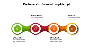 Horizontal business timeline with four icons in green, red, orange, and yellow, each linked to a text area above or below.