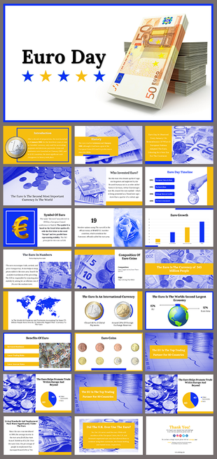 Euro day slide deck covering the history, significance, growth, and benefits of the Euro as an international currency.