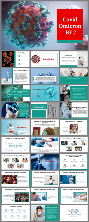 COVID Omicron BF 7 slides variant, offering information on symptoms, vaccines, and preventive actions against the virus.