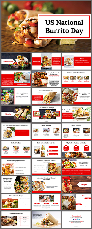 Slide deck for national burrito day featuring trivia, health facts, and a chicken burrito recipe, with vibrant food images.
