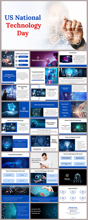 Slide deck for national technology day, covering technology's history, observation tips, and the top tech innovations. 