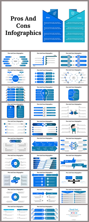 Infographic slides comparing pros and cons in various formats, such as arrows, blue circular diagrams, and checklists.