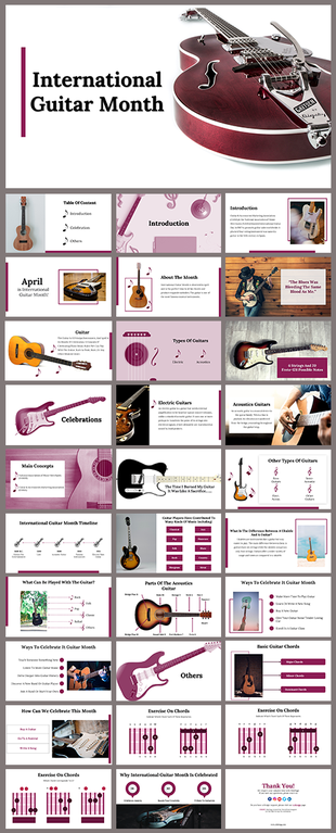 International Guitar Month presentation with guitar images, music notes, chord charts, and purple accented modern layouts.
