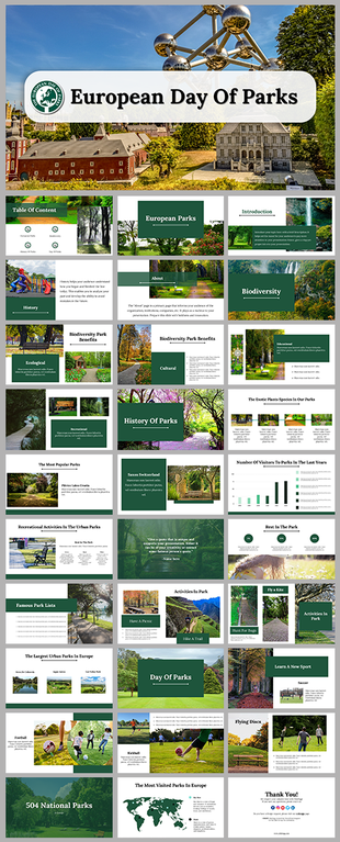 A collection of slides showcasing the European Day of Parks, with topics like biodiversity, history, and popular parks.