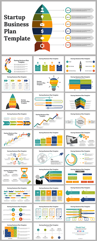 Startup business plan slide deck showcasing colorful diagrams, charts, and process-oriented templates.