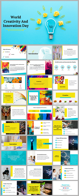 Slide deck with colorful images, innovation topics, and creative processes, in bright blue and yellow theme.