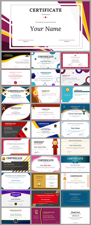 Collection of certificate templates with diverse themes including participation, achievement, and appreciation.