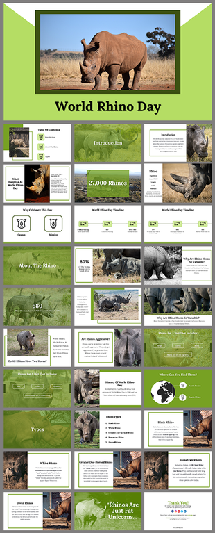 Educational world rhino day slide deck with rhino images, timelines, and call-to-action content for awareness.