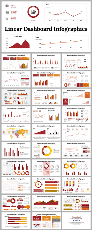 Dashboard infographic template with financial stats, chart variations, trend lines, and clean layouts in red and gold hues.