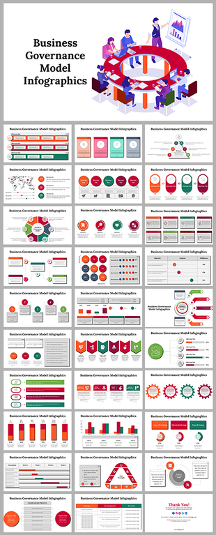 Slides showcasing business governance model infographics with charts, circles, and rectangular shapes in red and green tones.