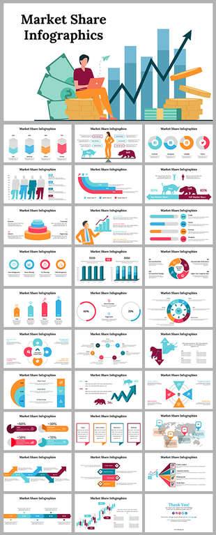 Visual slide deck for market share analysis with graphs, comparison charts, and icons depicting business growth.