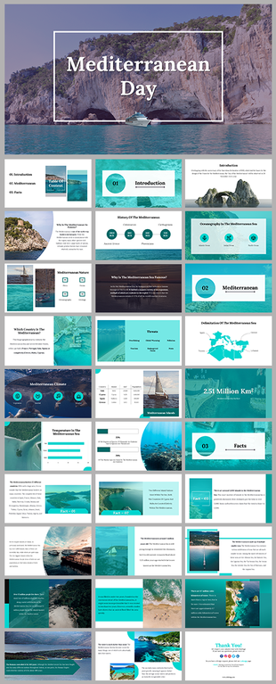 Slide deck for Mediterranean Day, including oceans, climate data, geographical maps, and information sections in a layout.