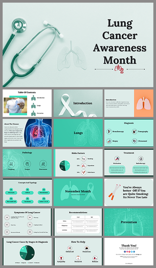 Lung Cancer Awareness Month slides featuring an introduction and various sections on diagnosis, treatment, and prevention.