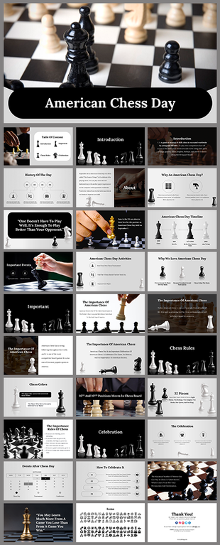 American chess day slide deck featuring a close-up of black and white chess pieces on a chessboard with the title.