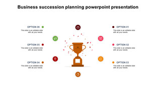 Business succession planning slide with a trophy in the center and six options arranged in a circle with colorful icons.