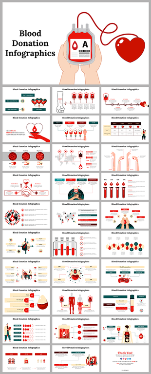 Slide deck with diverse infographics, charts, icons, and visuals illustrating blood donation facts, in red and white tones.