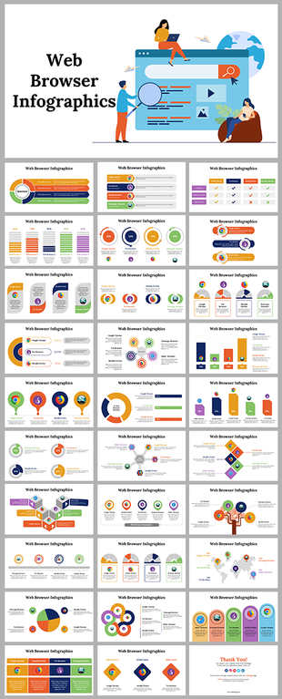 Slide collection showcasing web browser-themed infographics with colorful layouts and icons in multi colored shapes.