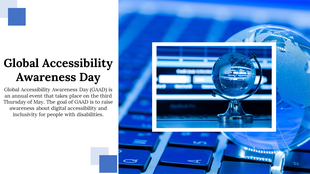 Global accessibility awareness aay slide featuring a globe on a keyboard and text about the event's purpose and date.