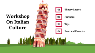Visual for an Italian culture workshop, highlighting key topics and the leaning tower of Pisa illustration.