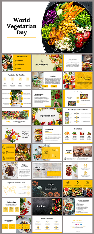 Slide deck with yellow accents, featuring images of colorful vegetarian food, rectangular sections, and text boxes.