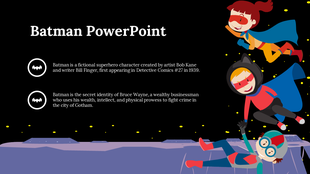 Batman themed slide featuring superhero characters in capes, against a starry night background, with descriptive text.