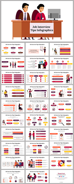 Job interview tips slide deck set with multiple layouts and illustrations showing advice for interview preparation.