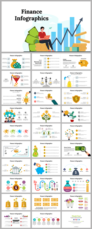 Colorful finance themed slide deck with various infographics like money bags, scales, piggy banks, and growth charts.