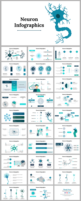 Neuron Infographics slide deck with a stylized illustration of a neuron on the right and title text on the left.