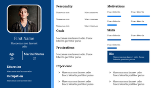 Personal biography slide featuring a photo, age, marital status, education, occupation, and many sections with text area.