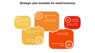 Strategic plan PPT template for small business with colorful speech bubbles and icons for various sections.