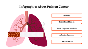 Illustration of human lungs in light and dark pink, with a burning cigarette and five text boxes highlighting cancer causes.