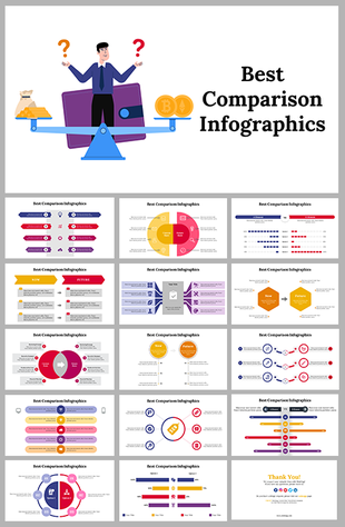 Colorful comparison infographic slides with charts, icons, and illustrations for presentations.