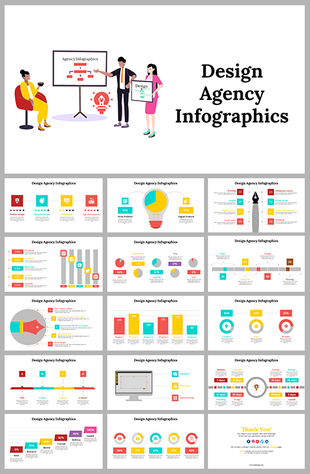 Design agency infographic slides, featuring pie charts, bar graphs, and data visuals, with a colorful and structured design.