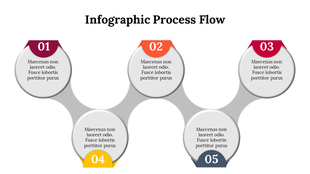 Infographic process flow slide featuring five connected circular sections, each numbered and color coded for clarity.