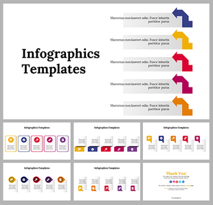Collection of infographic PPT slides with sections for visual data, colorful icons, and arrows for illustration.