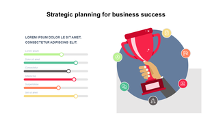Business planning diagram with a red trophy on the right, six icons around it, and multi-colored progress bars on the left.
