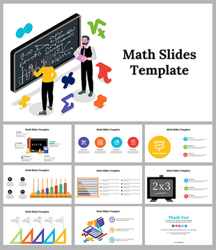 Math slide deck featuring a chalkboard illustration, colorful icons, bar charts, geometric shapes, and diagrams.