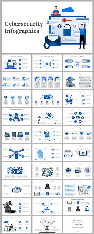 An infographic slide deck on cybersecurity, showcasing illustrations with various layout designs and icons on a blue theme.