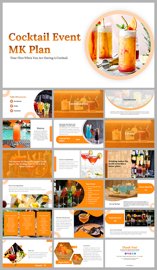 Slide deck for cocktail marketing plan including drink recipes, history, event details, and imagery in orange tones.