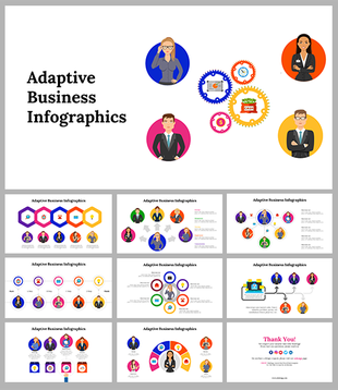 Adaptive infographics slide deck featuring circular icons and illustrations of business professionals in various roles.