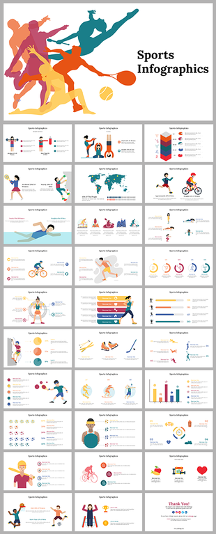 Slide deck with sports themed infographics, including figures in dynamic poses, graphs, and icons in diverse colors.