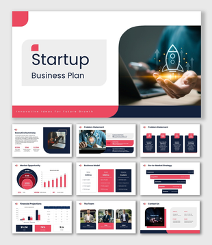 Startup Business Plan template with navy-pink layouts, rocket visuals, growth charts, and business dashboards.
