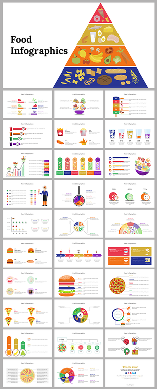 Collection of food infographics slides with colorful visualizations of food categories, nutrition facts, and serving sizes.