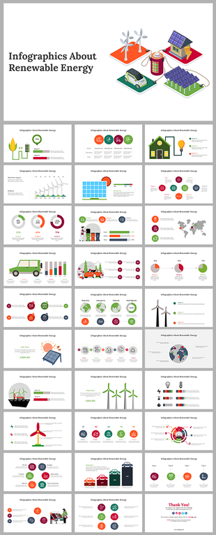 Illustrated infographic slide deck on renewable energy sources, featuring from wind energy to a battery.